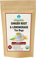 Organic Ginger Root and Lemongrass Tea Bags - Zesty Superfood Herbal Drink - Caffeine Free - 40 Natural Corn Fiber Sachets
