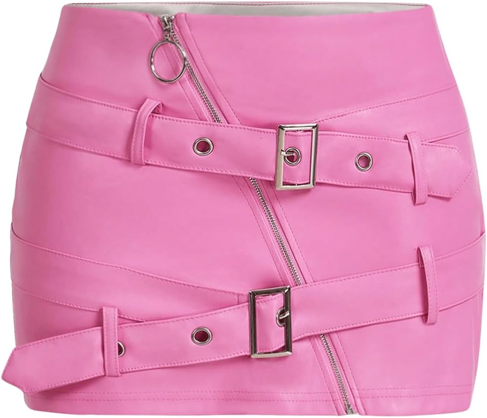 WDIRARA Women's Zip Front Buckle PU Leather Bodycon Mini Skirt Rave Club Y2k Skirt
