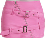 WDIRARA Women's Zip Front Buckle PU Leather Bodycon Mini Skirt Rave Club Y2k Skirt