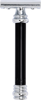MERKUR 38B Double Edge Safety Razor - Black Handle | Extra Large Barber Pole Grip Brass Handle | Made in Germany | Plastic-Free | Two Piece Design | Closed Comb | Straight Bar