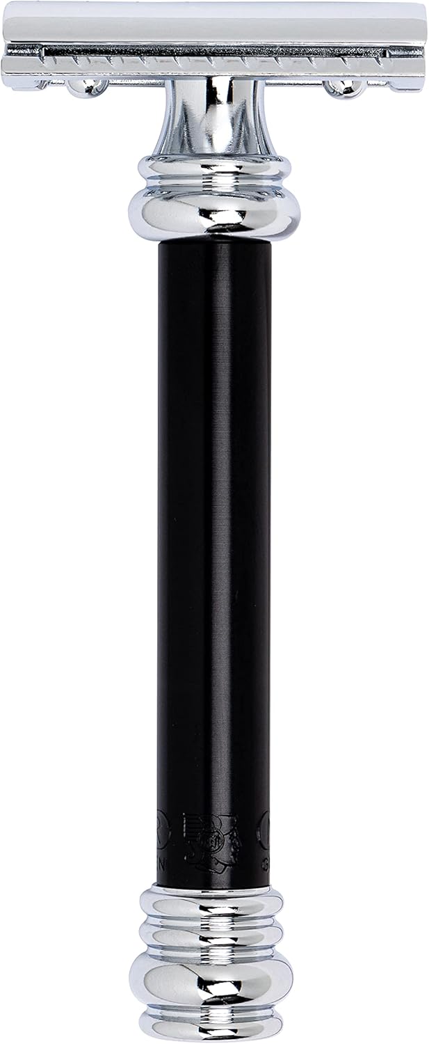 MERKUR 38B Double Edge Safety Razor - Black Handle | Extra Large Barber Pole Grip Brass Handle | Made in Germany | Plastic-Free | Two Piece Design | Closed Comb | Straight Bar