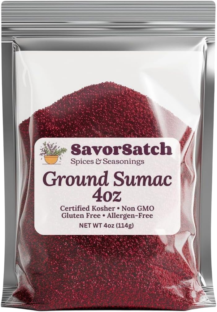 SavorSatch Ground Sumac – 4oz Resealable Pouch | Certified Kosher, GMO Free, Allergen-Free | Tangy, Deep Red Spice for Middle Eastern Cooking, Salads, and Meats | Product of Turkey