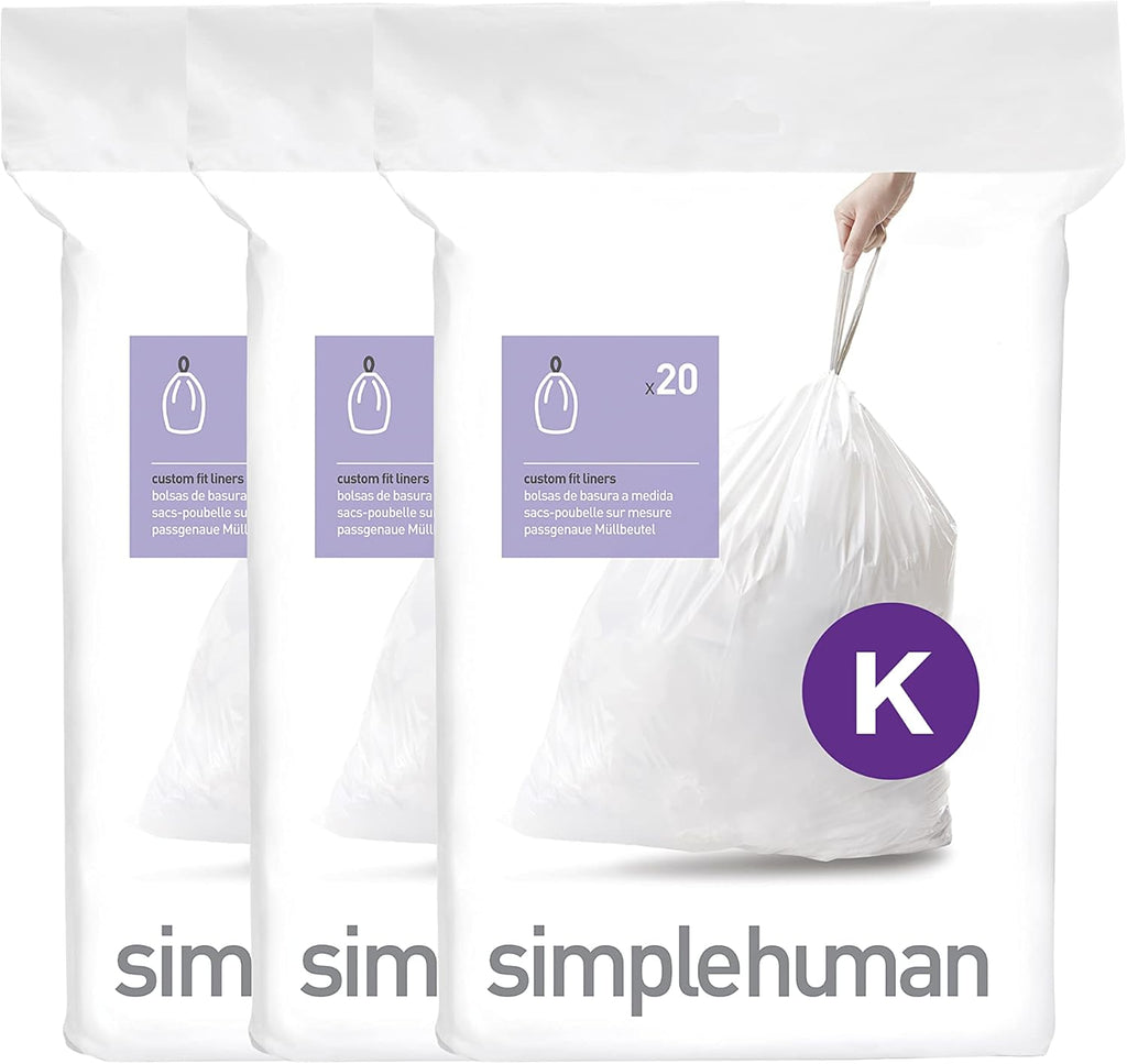 simplehuman Code K 60 Count, Dispenser Pack Custom Fit Liners, Drawstring Trash Bags, 35-45 Liter / 9-12 Gallon, White