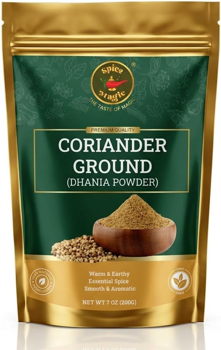 Spice Magic Coriander Powder 7oz — Ground Coriander, 100% Pure Dhania Powder, Non-GMO Indian Spice for Cooking | Curries, Spice Blends, Marinades, Seasoning | Vegan, Gluten-Free, No Additives