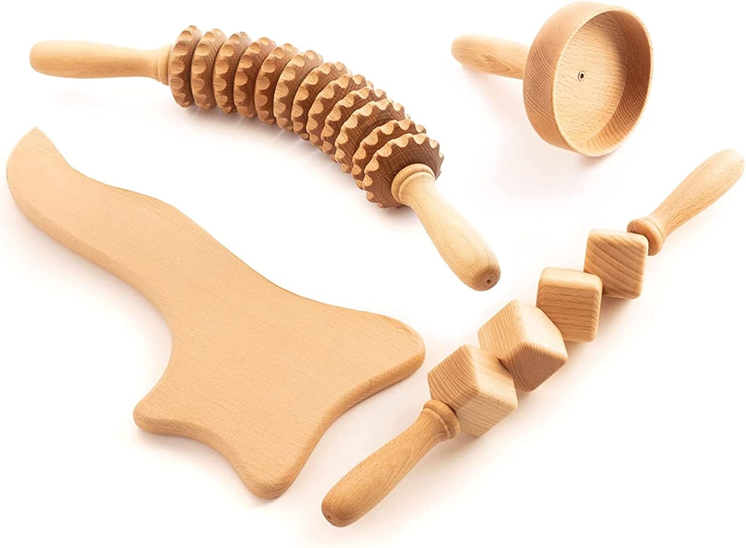 Tuuli Accessories - 4-Piece Wooden Massager Set, Includes Muscle Roller, Cellulite Massage Cup and Lymphatic Drainage Tool, Helps Ease Muscle Tension and Support Skin Health
