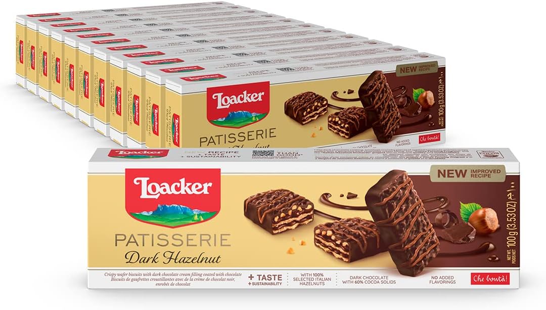 Loacker Patisserie Dark Hazelnut 12 Chocolate Covered Premium Wafer Fingers, Indulgent Snack, Perfect to Share, Nothing Artificial, 3.53oz