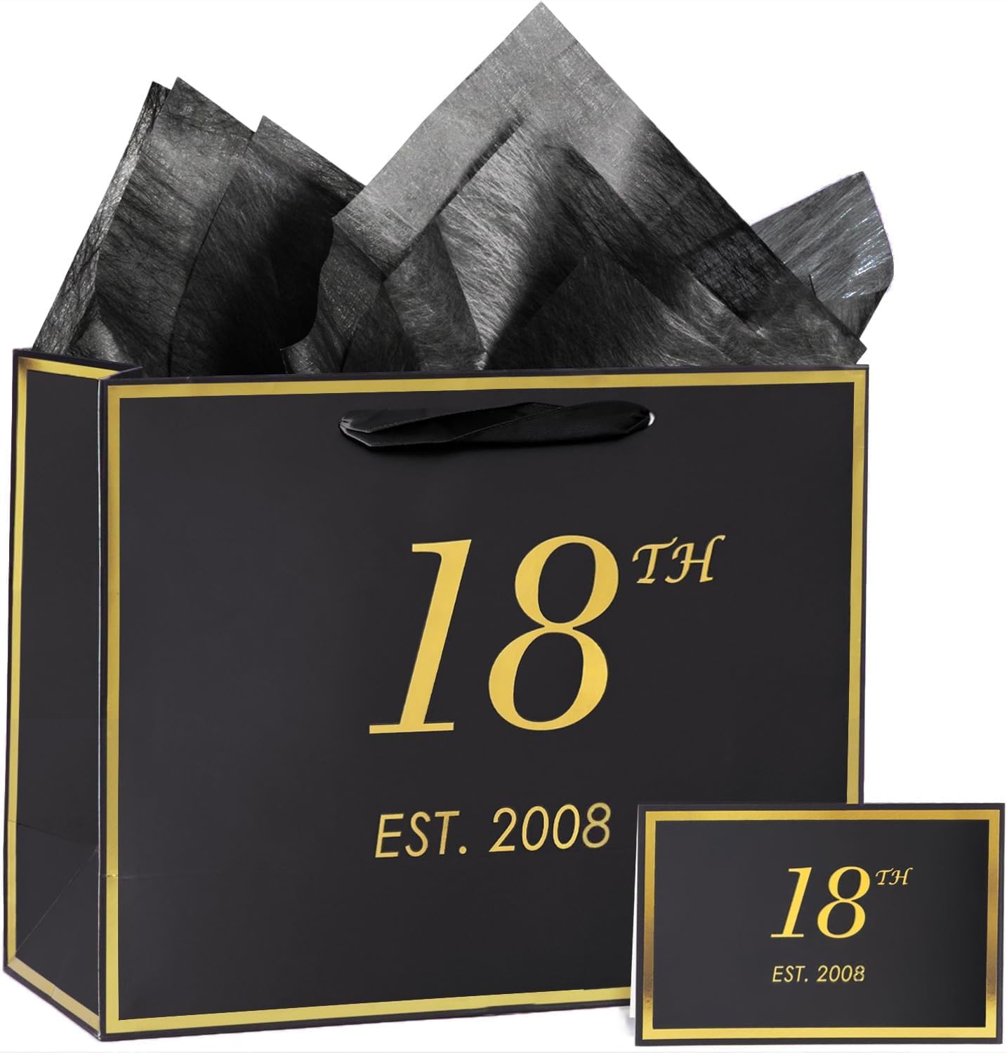 momoake 18th Birthday Gift Bag with Card and Tissue Paper for Boys Men Women Him, 2008 18 Year Old 13" Elegant Black Gold Anniversary Keepsake Party Present Shopping Paper Bags for Gifts Wrapping