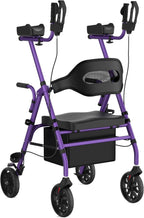Upright Rollator Walker, Heavy Duty Stand Up Walkers for Seniors with Seat and Reversible Backrest, Foldable Standing Rollator with 8" Anti-Slip PU Wheels, Purple