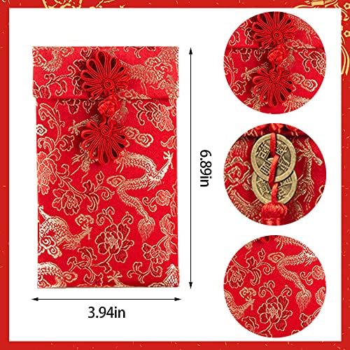 Hying 4 PCS Silk Red Envelope Chinese HongBao Card Envelopes Lucky Money Pockets Chinese Gift Card Envelopes Gift Wrap Bags with Knot Copper Coins for 2026 New Year, Spring Festival, Wedding