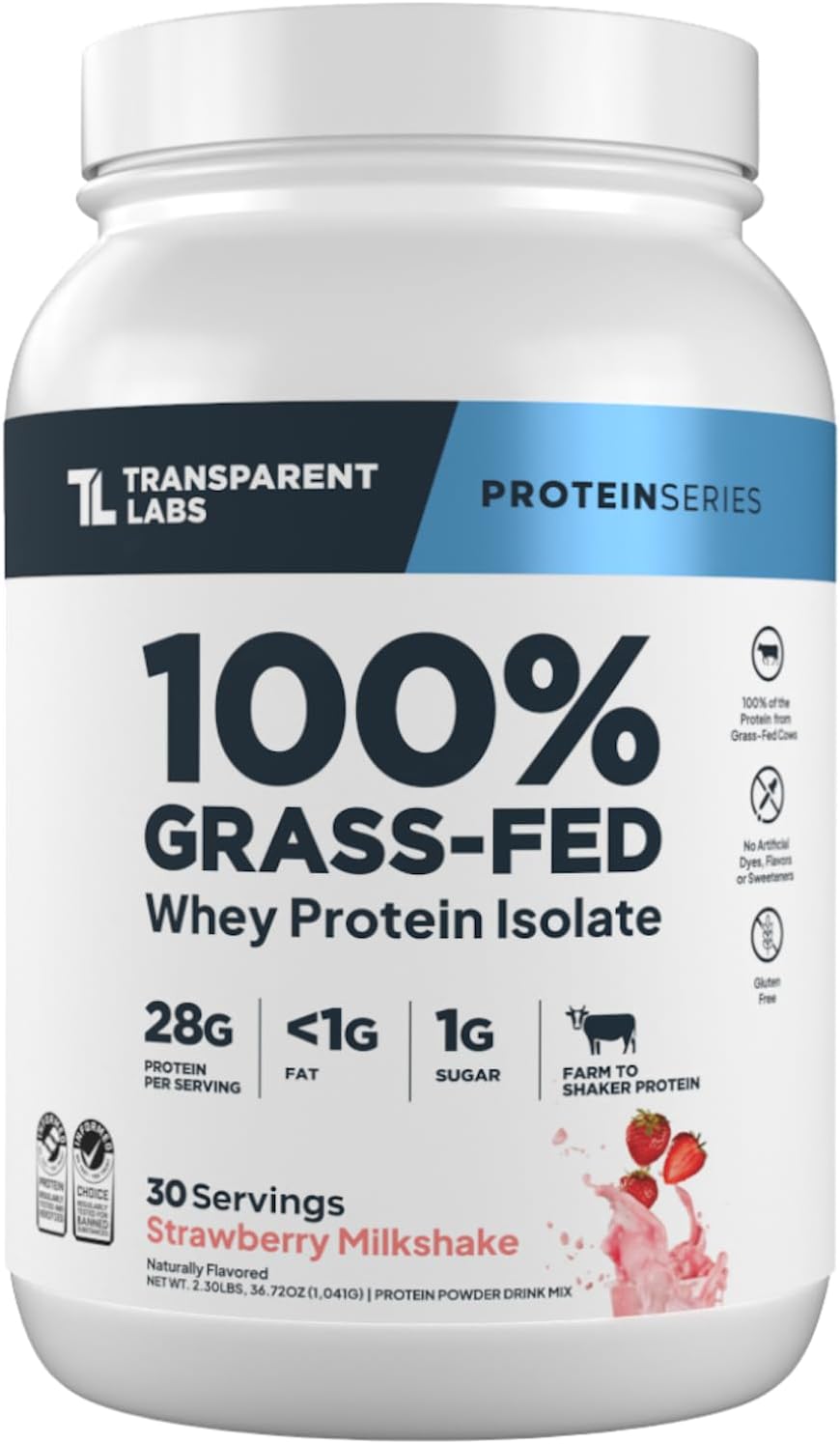Transparent Labs Grass-Fed Whey Protein Isolate - Natural Flavor, Gluten Free Whey Protein Powder w/ 28g of Protein per Serving & 9 Essential Amino Acids - 30 Servings, Strawberry Milkshake