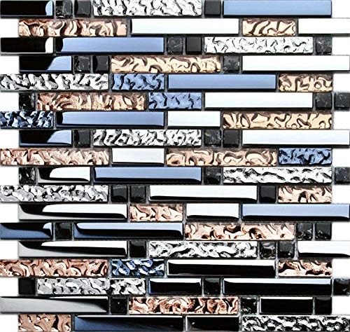 Hominter Metallic Glass Tile Rose Gold, Silver & Ink Blue Interlocking Linear Mosaic for Kitchen Backsplash, Bathroom Walls, Fireplace Surrounds & Accent Decor (3x12 Sample)
