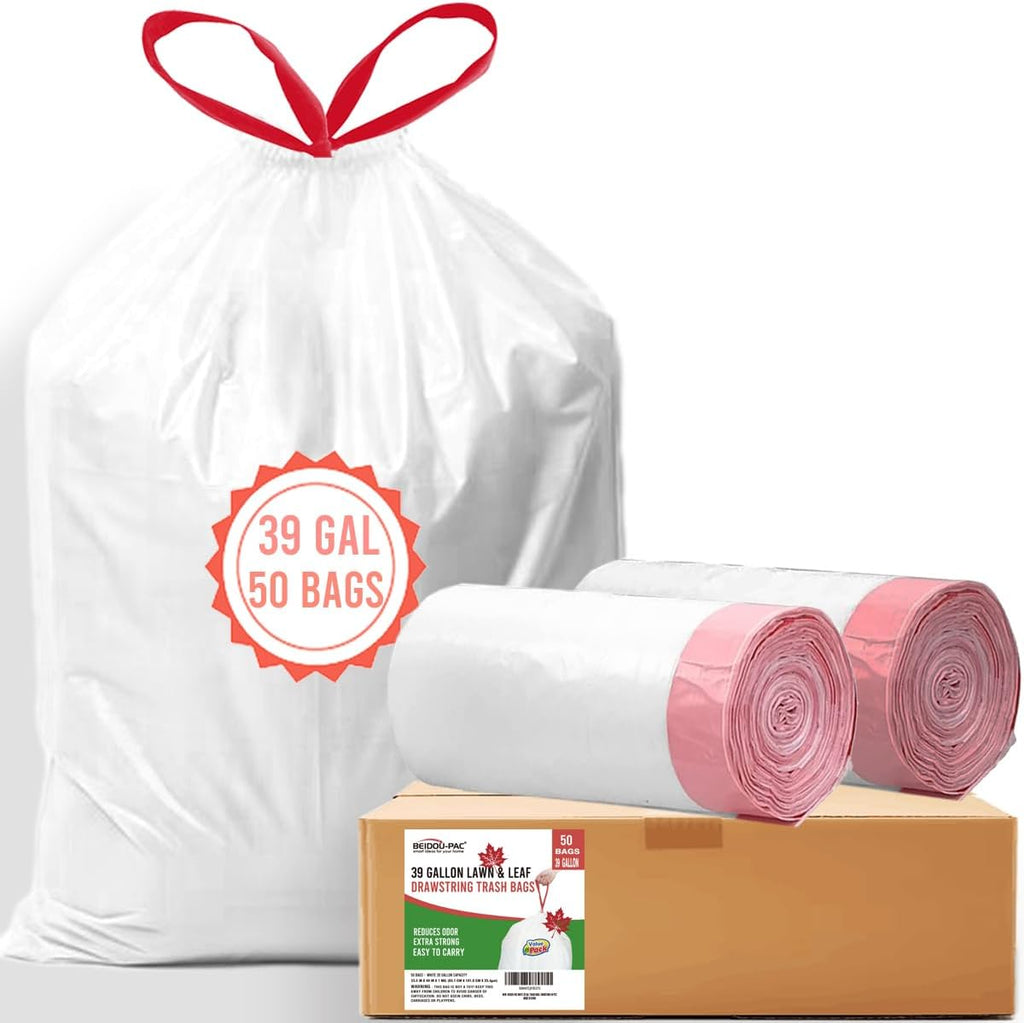 39 Gallon Lawn & Leaf Trash Bags Drawstring, 50 Count, Heavy Duty White & Unscented Plastic Bags, Multi-purpose Garbage Bags for Home Commercial, Outdoor, Construction, Industrial