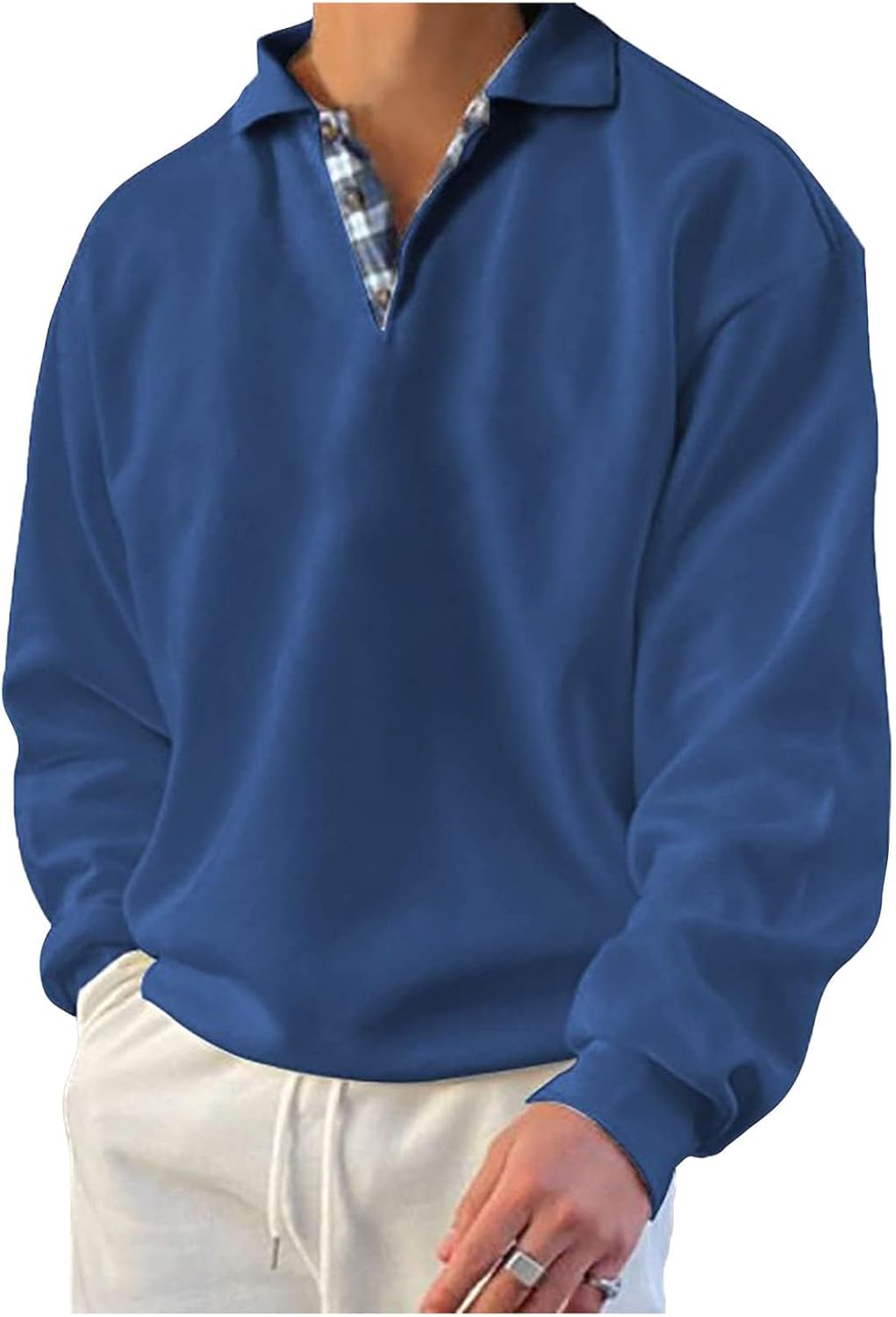 Mens Sweatshirt Pullover Long Sleeve Polo Shirts Casual Thermal Loose Fit V Neck Sweatshirts Lightweight Casual Tops