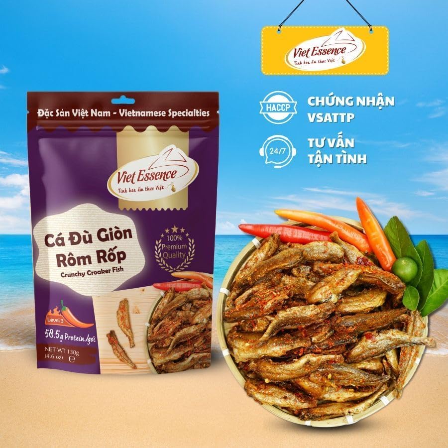 Cá Đù Giòn Rom Rop Viet Essence Crunchy Croaker Fish, Premium Vietnamese Specialty Snack, Spicy, 130g (4.6 oz)
