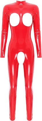 easyforever Women Sexy Hollow Out Bodysuit Lingerie Clubwear Patent Leather Invisible Zipper Latex Catsuit