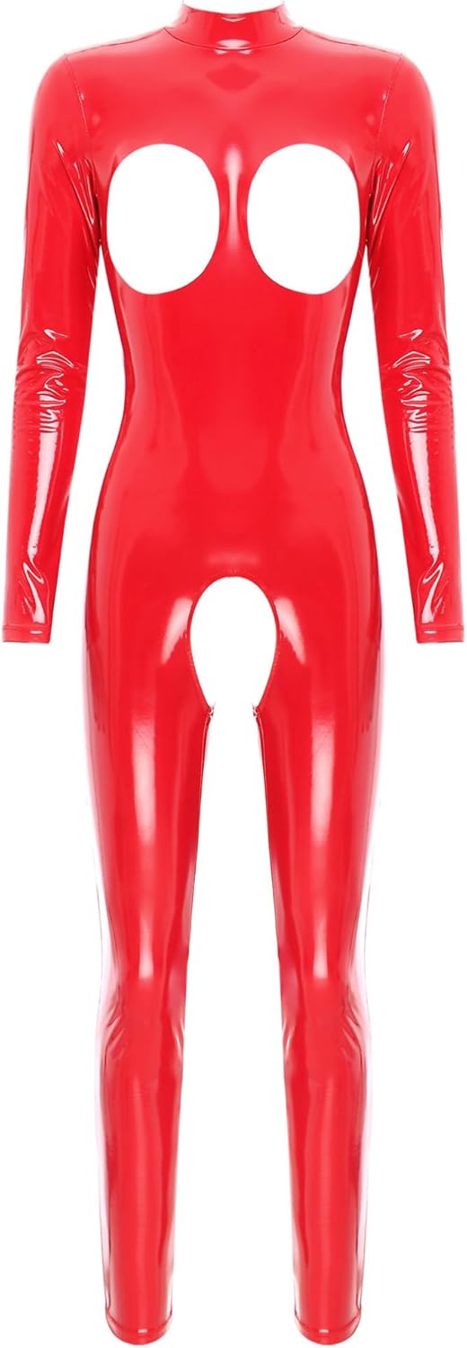 easyforever Women Sexy Hollow Out Bodysuit Lingerie Clubwear Patent Leather Invisible Zipper Latex Catsuit