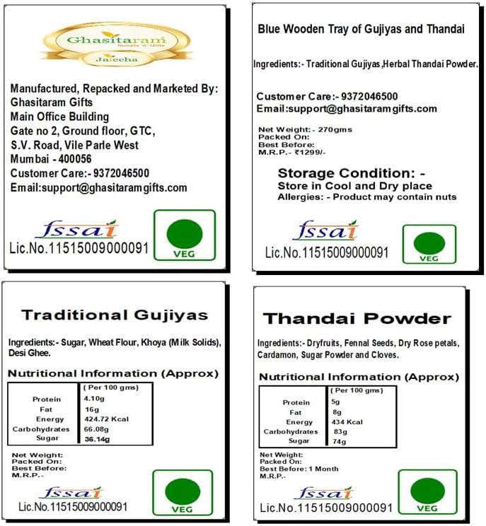 Ghasitaram Gifts Jaiccha Holi- Sweets/Holi Hampers/Thandai Blue Wooden Tray of Gujiyas and Thandai