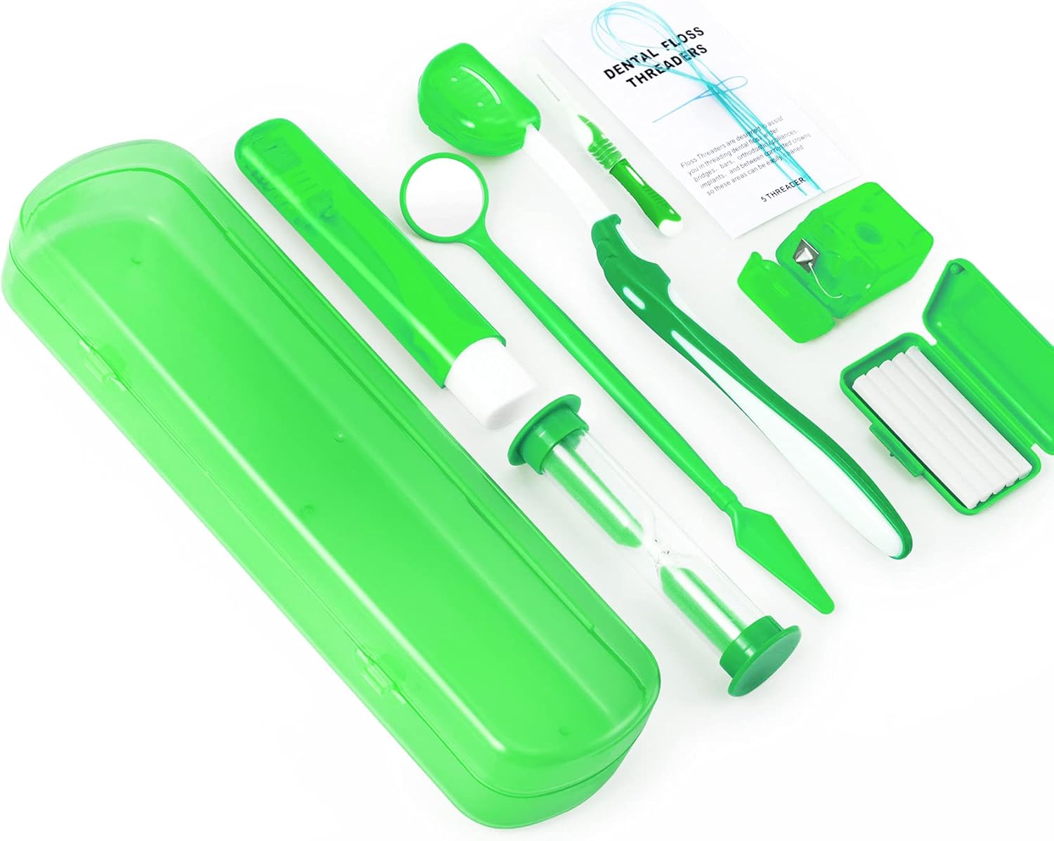 Annhua 8 Pcs Orthodontic Care Kit for Braces, Portable Braces Kit Cleaning Tools Tooth Pick Hygiene Set with Interdental Brush, Ortho Wax, Floss, Oral Mirror Included - Green