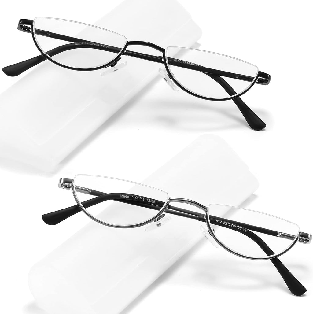 2 Pack Half Lens Reading Glasses Blue Light Blocking, Half Moon Frame Semi Rim Spring Hinge Readers with Case for Men Women Black/Gunmetal +2.75