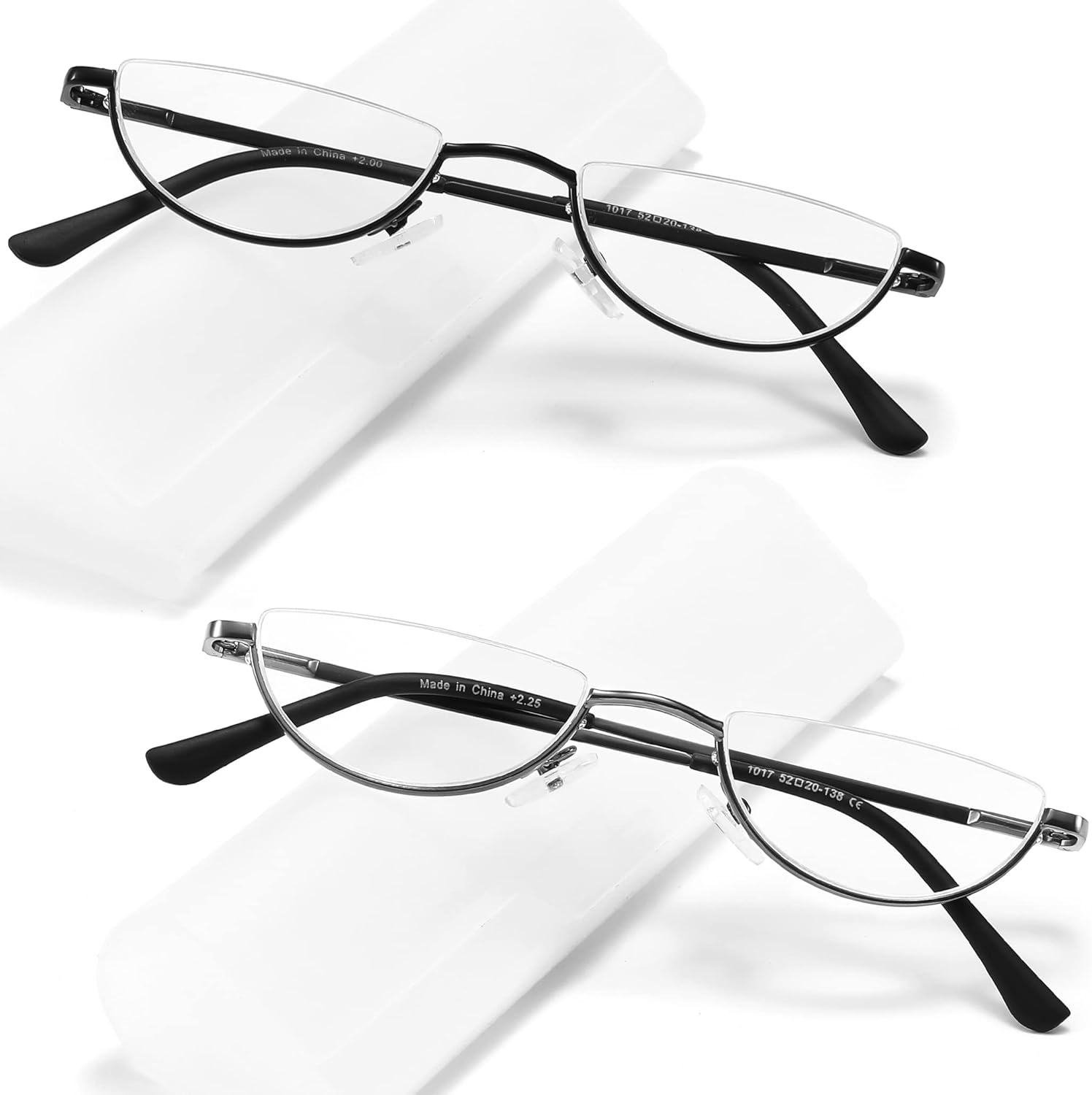 2 Pack Half Lens Reading Glasses Blue Light Blocking, Half Moon Frame Semi Rim Spring Hinge Readers with Case for Men Women Black/Gunmetal +2.25