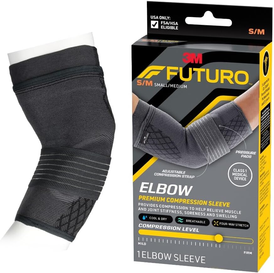 FUTURO Premium Compression Elbow Sleeve, with Wrap-Around Strap and Two Gel Pressure Pads, for Mild Tendonitis, Golfer’s Elbow, Tennis Elbow, Swelling, Sprains, and Strains, S/M