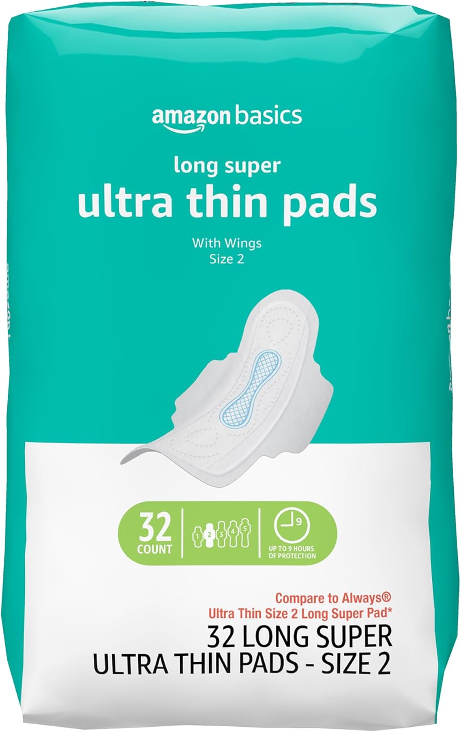 Amazon Basics Menstrual Pads for Women With Flexi-Wings, Long Length, Size 2, Super Absorbency, 32 Count (Pack of 1)