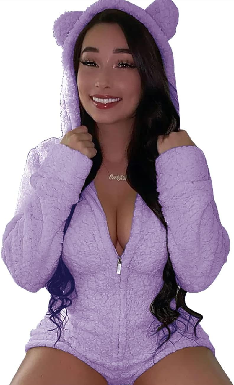 Women's Warm Fuzzy Hooded Romper Short Playsuit Jumpsuit