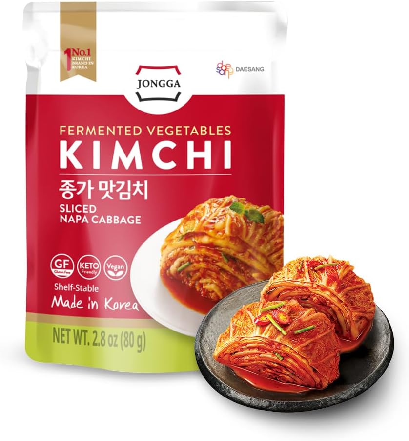 Spicy Premium Fermented Kimchi Napa Cabbage [ FUN SIZE Pouch Pack of 8] - [Original] – (Gluten Free / KETO / Vegan) | 0 Fat/ 0 Sugar/ 0 Cholesterol | Long Shelf Life | Perfect for Ramen & Stir-Fries - JONGGA
