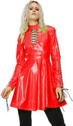 Women PVC Long Sleeve Dress Vinyl Hollow Out A-Line Dress High Waist Above Knee Mini Party Dress,Red,7XL