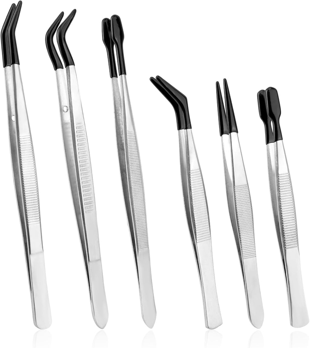 6pcs Rubber Tip Tweezers, Long Tweezers Bent Pointed Tipped Hobby Tweezer for Crafts Jewelry Making Plastic Silicone Sticker Seed Stamp Collecting Entomology Mosaic Ear Nail Supplies