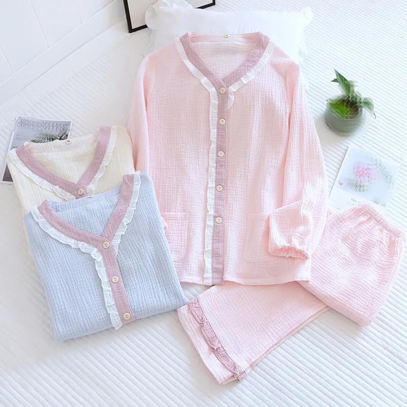 Women's Cotton Lace V-Neck Solid Pajamas Loose Long Sleeve Trouser Suits Home Clothes 2 Piece Set
