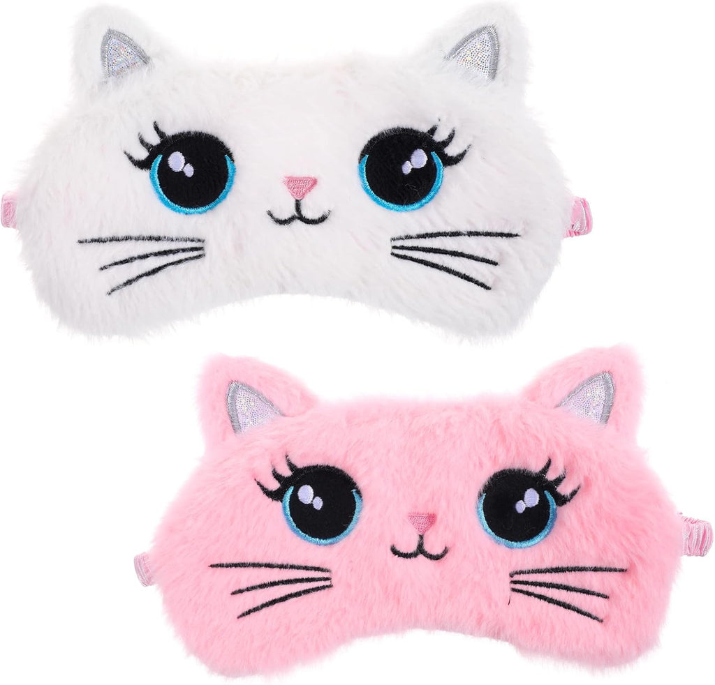 Kids Sleep Mask, 2 Pcs Cute Cat Sleeping Eye Mask Soft Plush Girls Sleep Masks Comfortable Funny Animal Night Eye Masks for Sleeping Blindfold Eye-Cover for Women Girls Home Travel (Pink, White)
