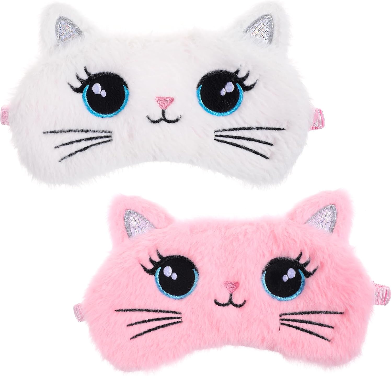 Kids Sleep Mask, 2 Pcs Cute Cat Sleeping Eye Mask Soft Plush Girls Sleep Masks Comfortable Funny Animal Night Eye Masks for Sleeping Blindfold Eye-Cover for Women Girls Home Travel (Pink, White)