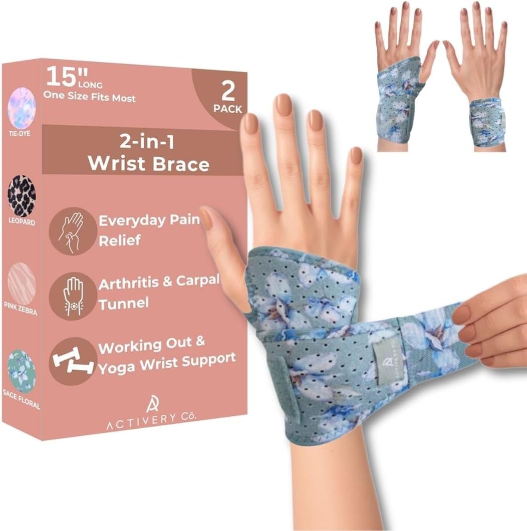 Carpal Tunnel Wrist Brace Left Hand, Right Hand for Women, Day or Night Compression Wrist Support Brace for Fitness, Keyboard Use, or Overnight Support, 2 Pack, Sage Green Floral Print