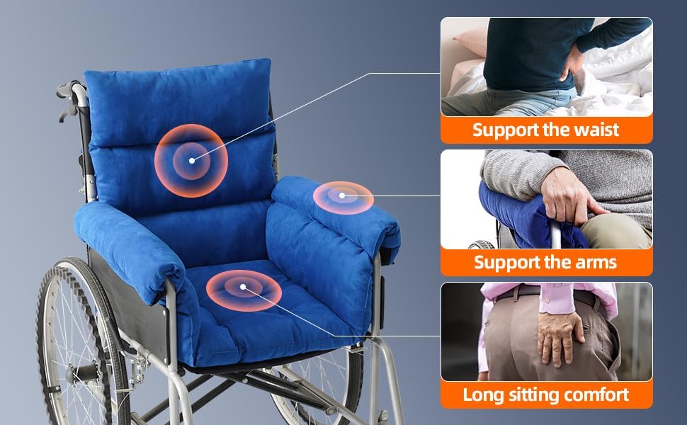 Wheelchair Cushions，Pressure Pain Relief Accessories with Armrest Covers. Supports Coccyx & Back, Non-Slip. Fits 18" Wheelchair with Full Arms, Blue.