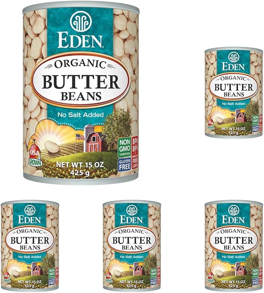 Eden Organic Organic Butter Beans, 15 oz Can, No Salt, Non-GMO, Gluten Free, Vegan, Kosher, U.S. Grown, Heat and Serve, No Preservative, Macrobiotic, Baby Lima Beans (Pack of 5)