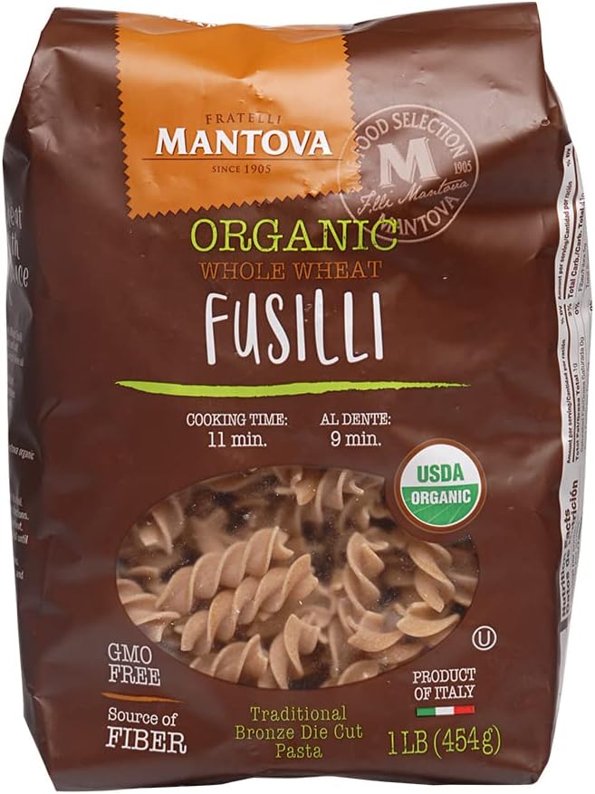 Mantova Italian Organic Whole Wheat Fusilli Pasta - 100% Durum Semolina Organic Whole Wheat Fusilli - 16 Oz - Product Of Italy, Package May Vary, 1 Pound (Pack of 6)