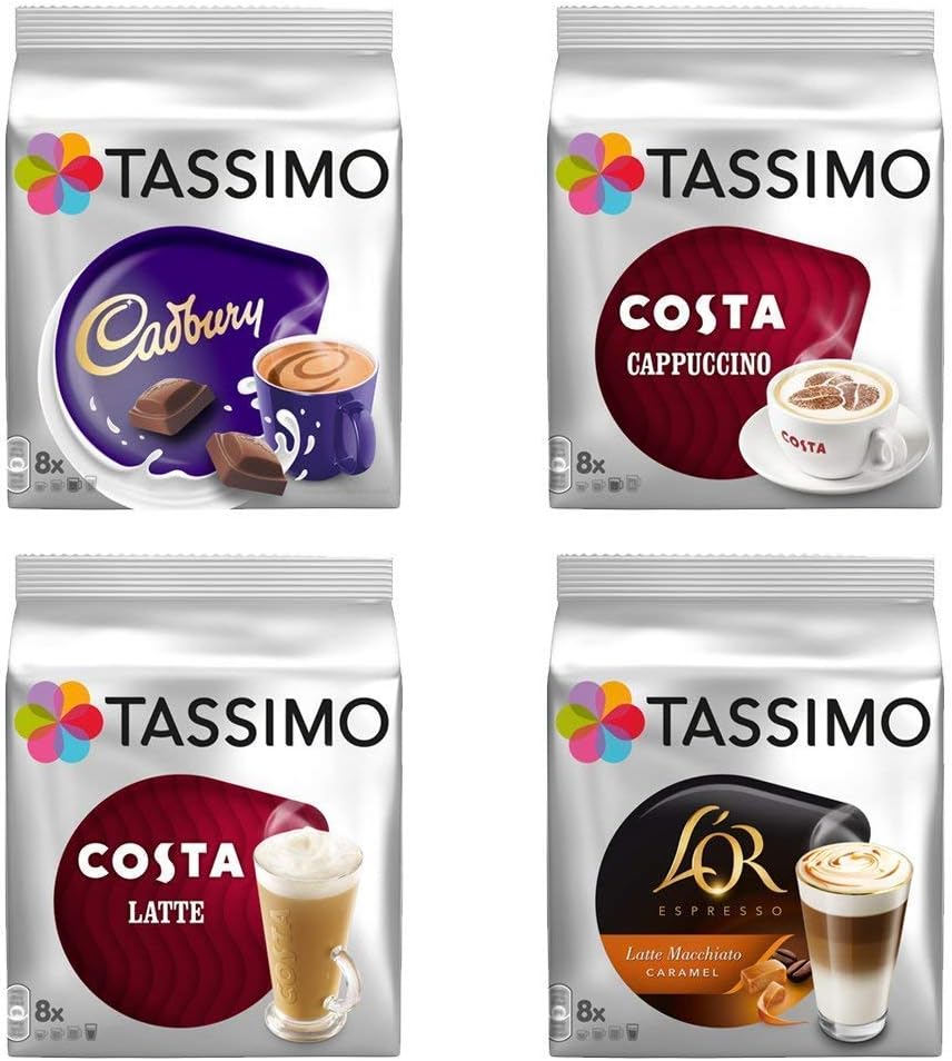 Tassimo Costa Cappuccino + Cadbury + Costa Latte + Carte Noire Latte Macchiato Caramel X 4 Favourite Packs, Total 64 Discs
