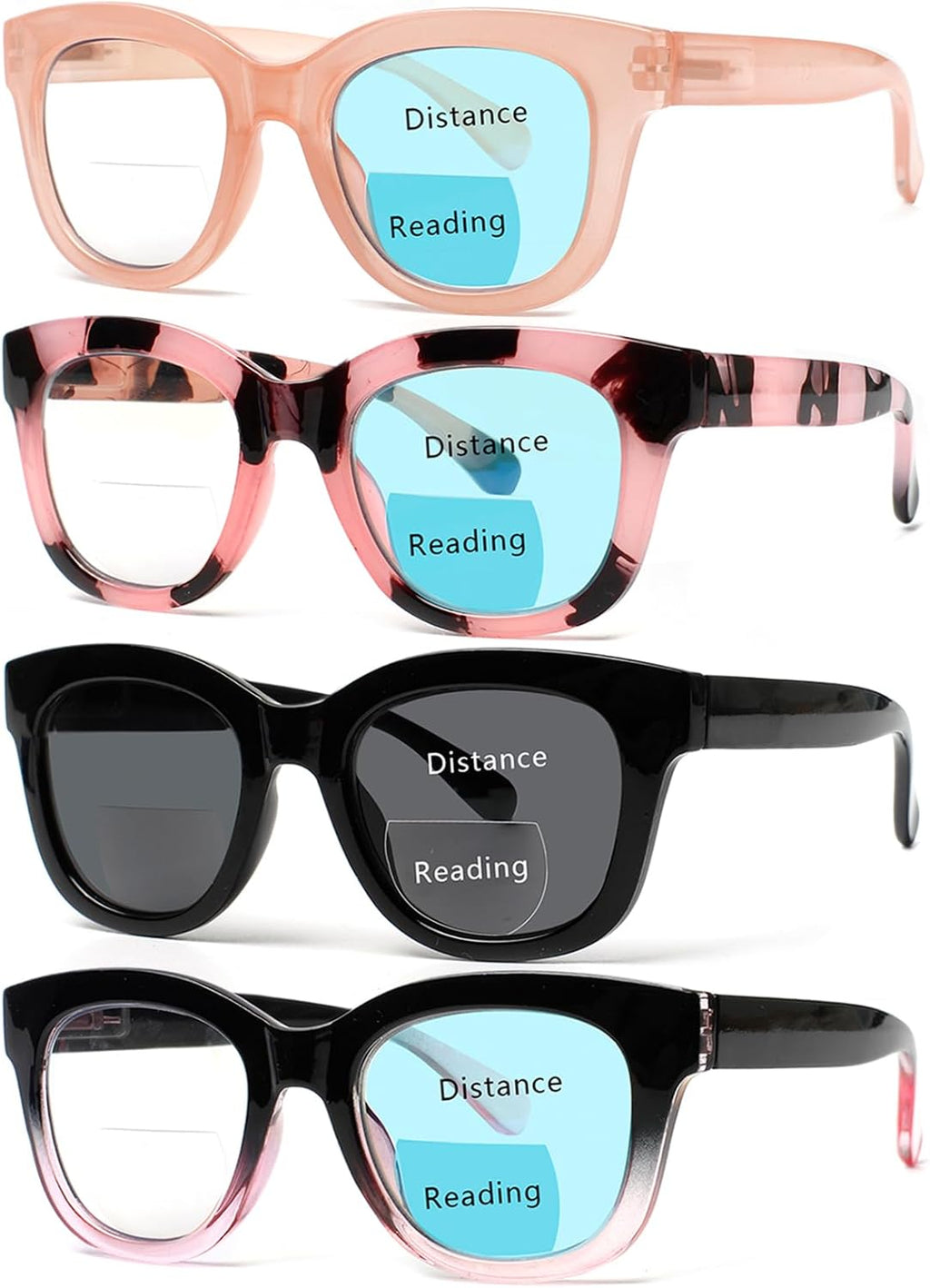 Henotin 4 Pack Bifocal Reading Glasses include Sun Readers for Women Oprah Style Square Blue Light Blocking Eyeglasses