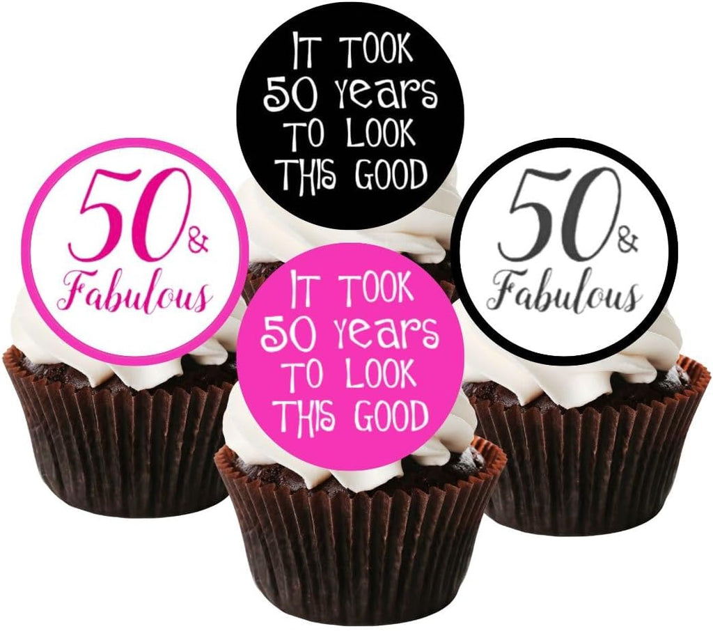 50th Birthday Edible Cupcake Toppers, Pink 50 and Fabulous Edible Cake Decorations for Women, Fifty Wafer Card Cookie Decorations, 50th Birthday Party Favors, 24 x 4cm / 1.5 Inch