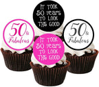 50th Birthday Edible Cupcake Toppers, Pink 50 and Fabulous Edible Cake Decorations for Women, Fifty Wafer Card Cookie Decorations, 50th Birthday Party Favors, 24 x 4cm / 1.5 Inch