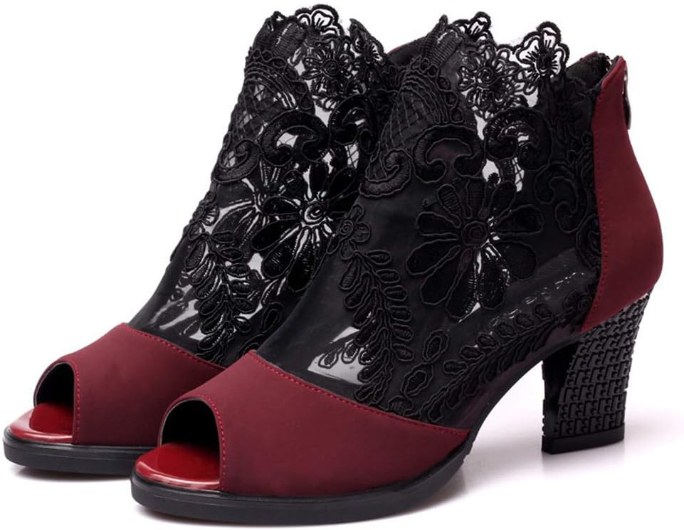 Women's Flowers Lace Fish Mouth Open Toe High Heels Sandals with Back Zipper Cutout Breathable Non-Slip Block Heeled Ankle Bootie Sandals Fashion Wedding Party Dress Shoes