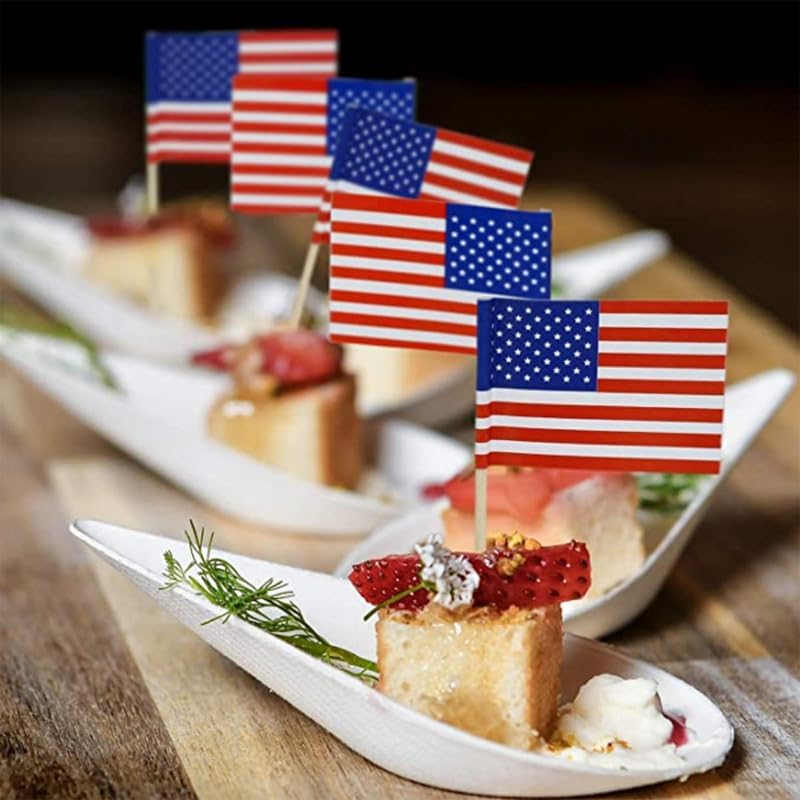100-Pack 65mm USA Flag Toothpicks, Wooden Paper American Flag Picks, Cupcake Toppers Food Decor for Party 250th Independence Day Holiday Decor (100pcs America Flag)