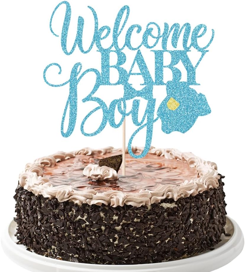 Welcome Baby Boy Cake Topper - Baby Shower-Newborn Gender Reveal Party Decorations (Blue Flash)