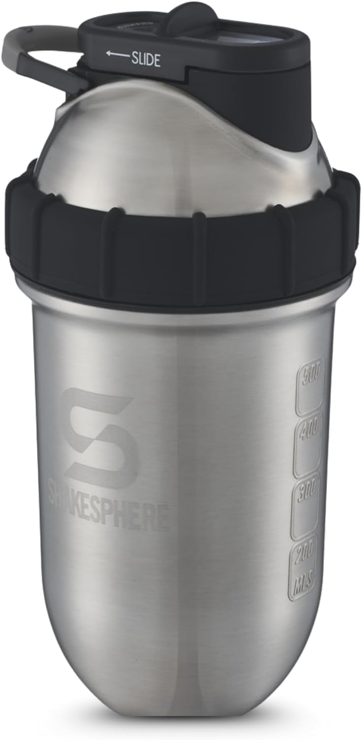 SHAKESPHERE Stainless Steel Shaker Bottle - 24oz Insulated Protein Shaker Bottle for Hot & Cold Drinks - Ideal for Shakes & Smoothies, Leak-Proof, BPA-Free, No Mixer Ball Needed, Steel - Original