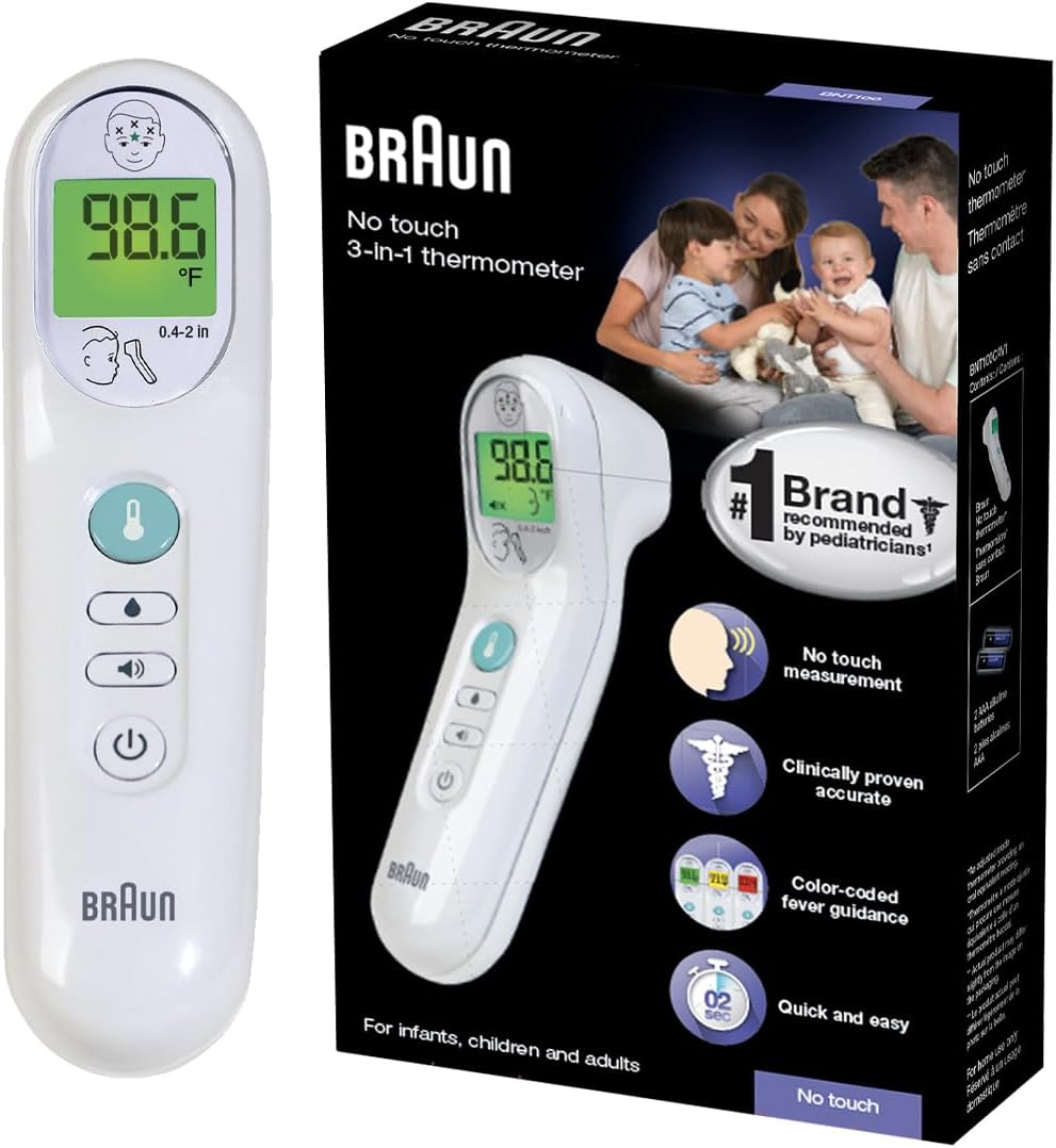 Braun No Touch 3-in-1 Thermometer for Adults, Kids, Babies, Measure Forehead, Liquid, Food Temps, Adult & Baby Thermometer, Professional Accuracy, Color Coded Fever Guidance