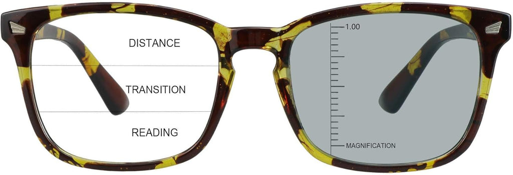 Vintage Square Progressive Multifocal Presbyopic Glasses, Photochromic Gray Sunglasses for Men Women Readers (Tortoise,+0.00/+1.00 Magnification)