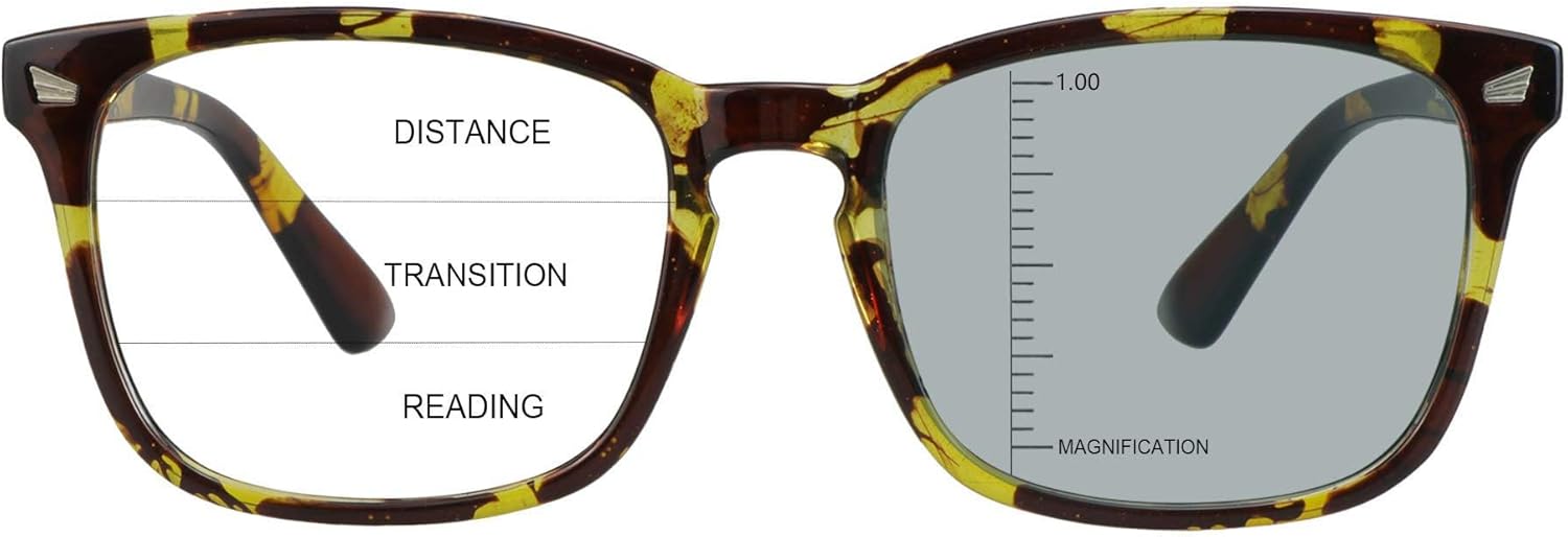 Vintage Square Progressive Multifocal Presbyopic Glasses, Photochromic Gray Sunglasses for Men Women Readers (Tortoise,+0.00/+1.00 Magnification)