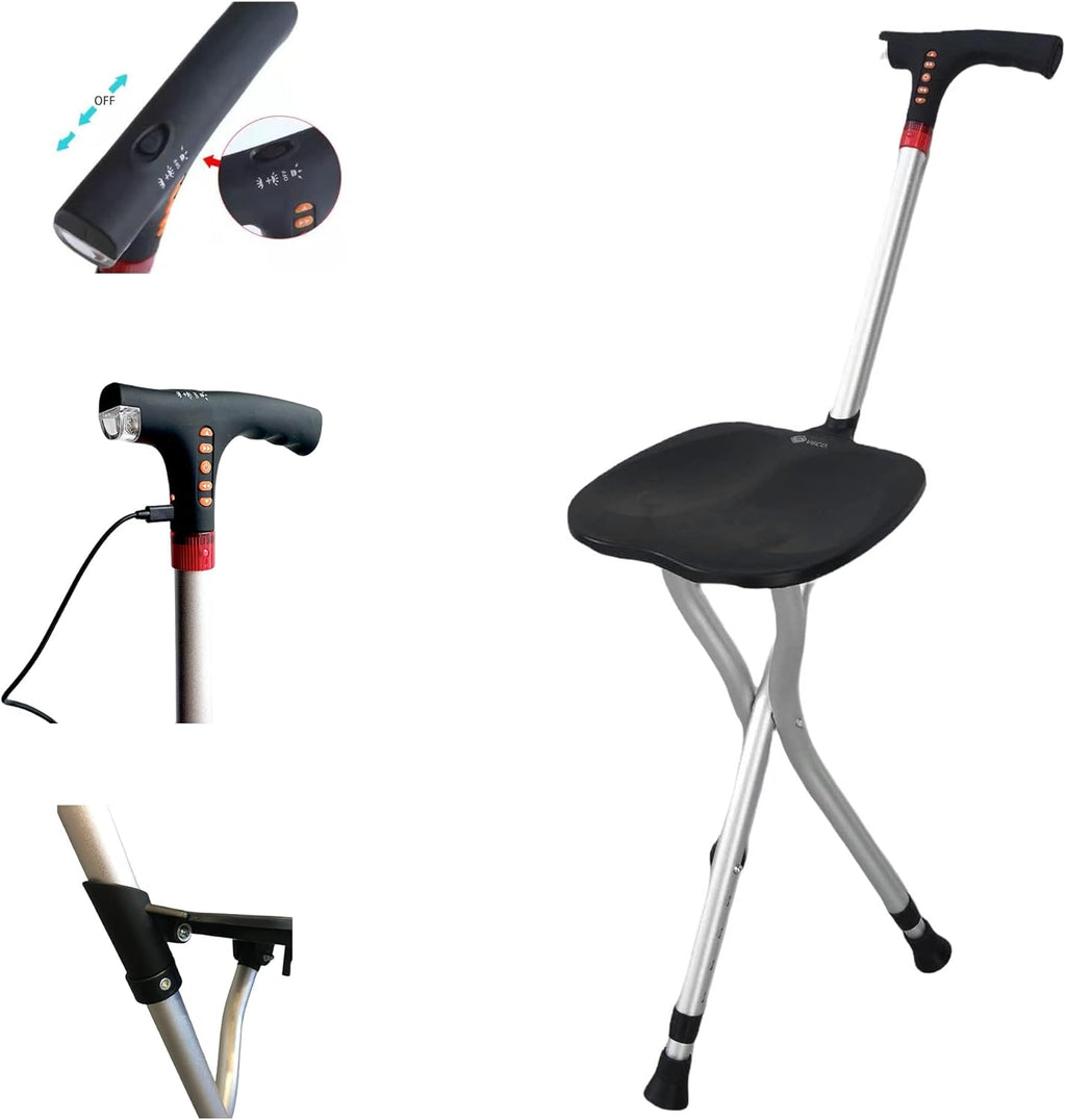 Dr@home Multifunctional Seated Cane-Adjustable Walking Cane with Folding Seat-LED Lights,Emergency Alarm-Senior Mobility Aid