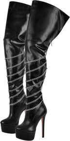 richealnini Platform Heel for Women Stiletto Over the Knee High Boots with Chains Party Wedding